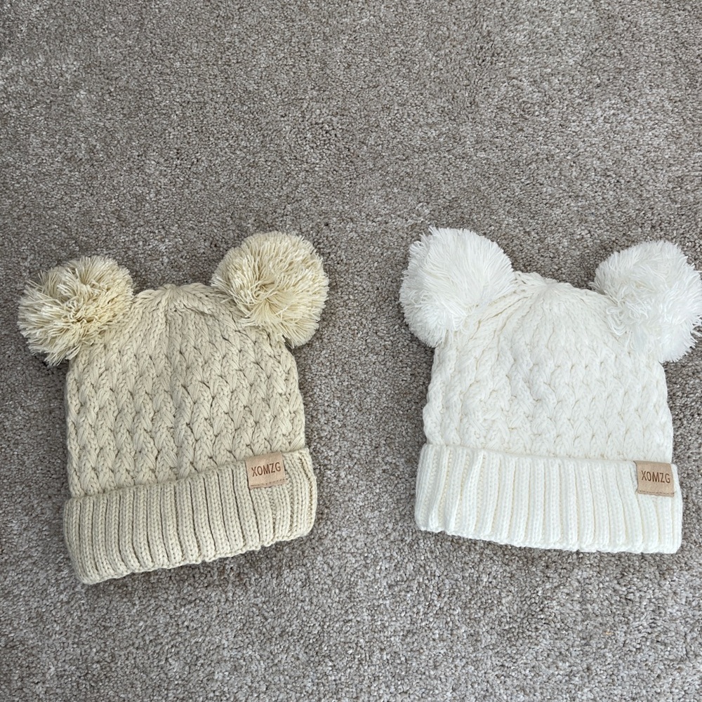 Kids Pom-Pom Knit Beanie Bundle- Cream & White